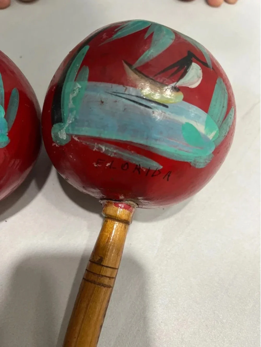 2pc vintage-style, hand-painted wooden maracas Florida beach